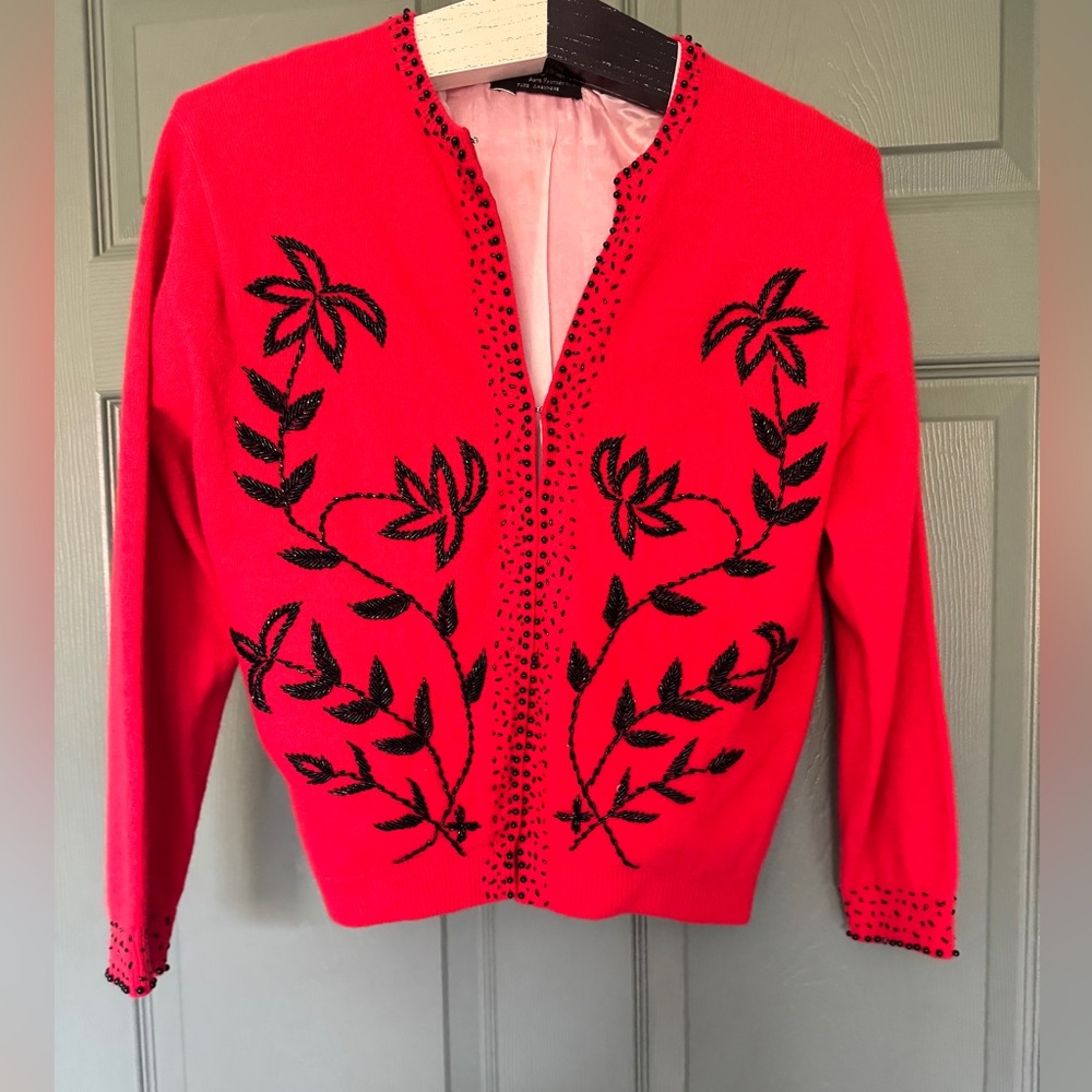 VINTAGE RED BEADED EMBELLISHED CASHMERE SWEATER CARDIGAN STATEMENT PIECE